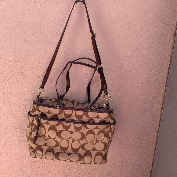 Coach Purse Signature Large Brown Beige  Satchel Handles Shoulder Strap Woman - Picture 8 of 14